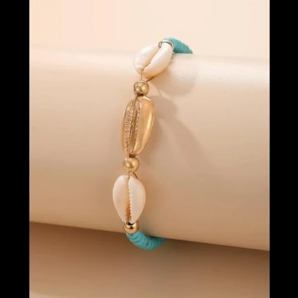 White & Gold Puka Shells accented with Mini Turquoise Beads Anklet - Picture 2 of 5